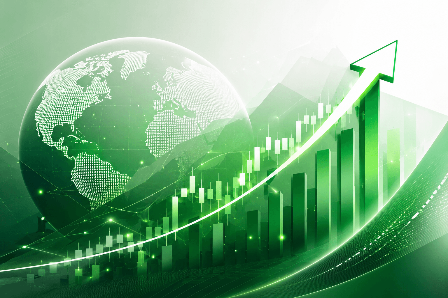 A rising market chart over a global network — scaling a financial business worldwide